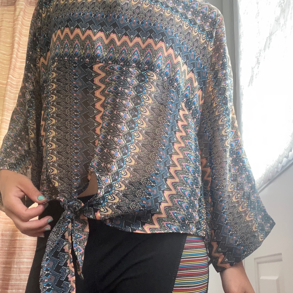 M-L Neon Aztec Pattern Top Tribal Rave Polyester - Picture 2 of 5